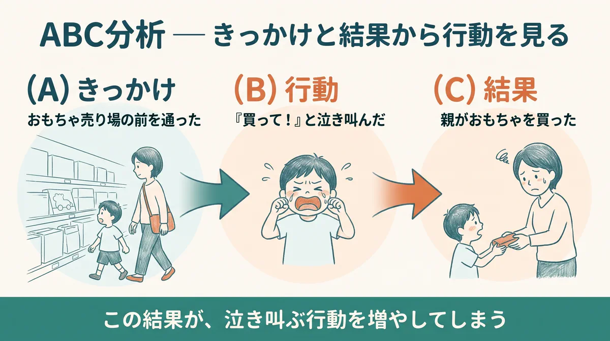 ABC分析の例（おもちゃ売り場の前を通った→泣き叫んだ→親がおもちゃを買った）